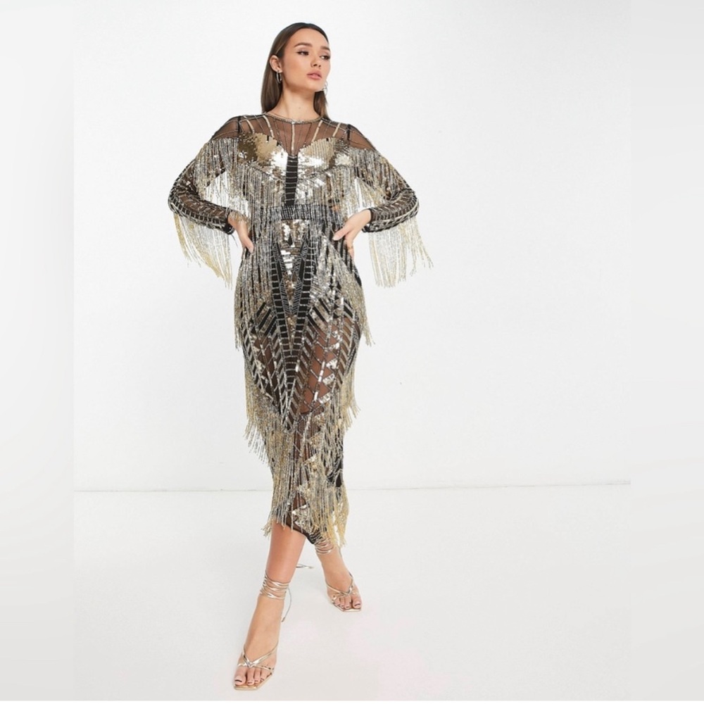 ASOS EDITION sequin and fringe artwork long sleeve midi dress NWT 4 $420